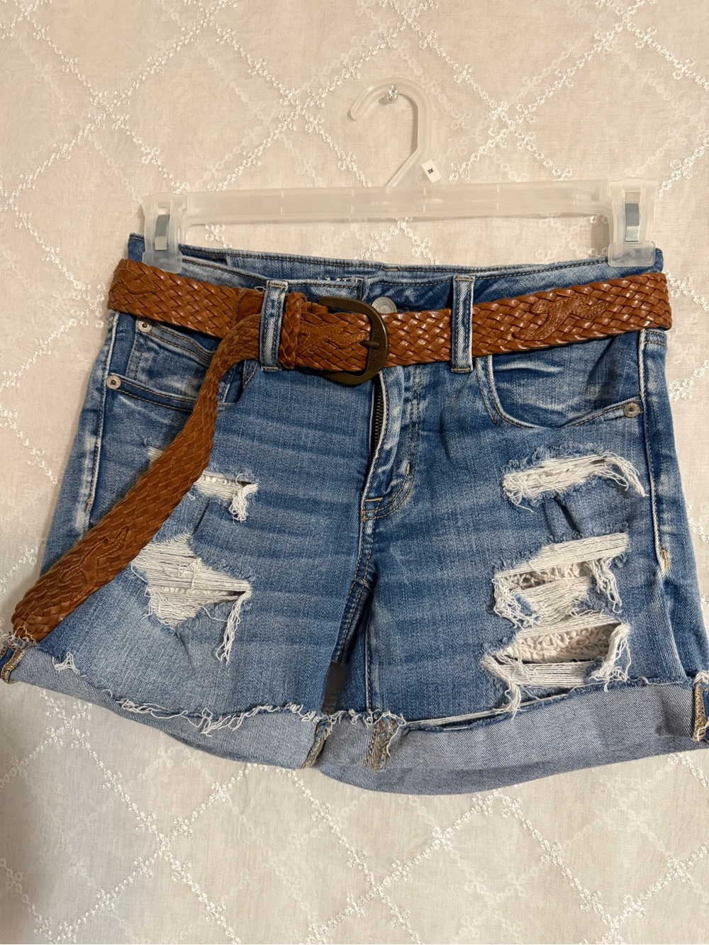 American Eagle Outfitters Blue Distressed Denim Shorts with Brown Braided Belt